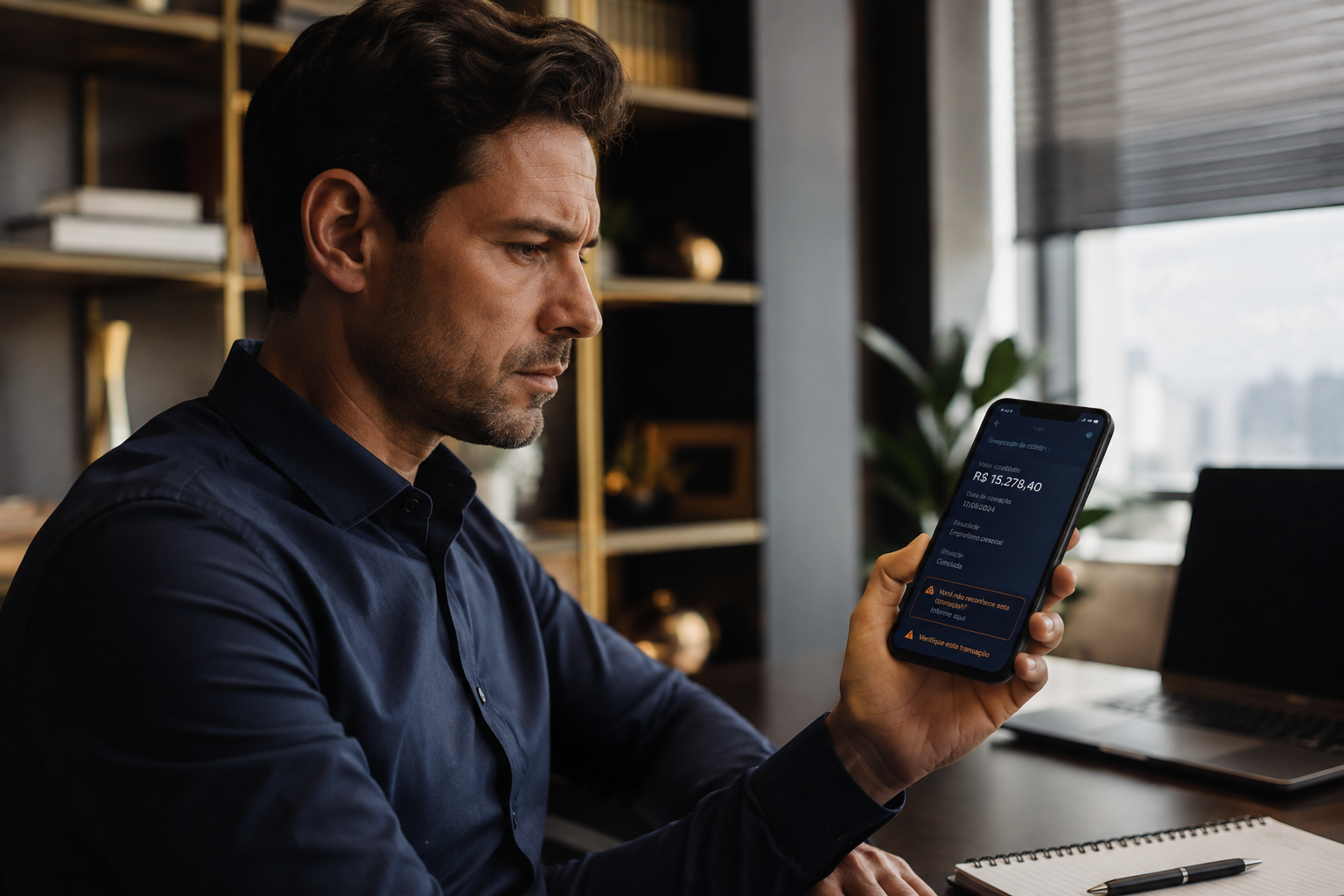 Pessoa analisando possível empréstimo não reconhecido pelo celular