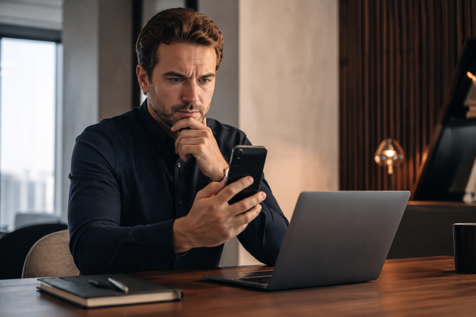 Homem observando o celular com atenção ao verificar uma movimentação bancária
