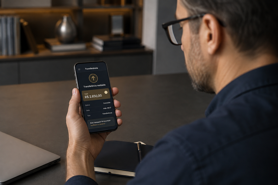 Celular exibindo alerta de transferência incomum